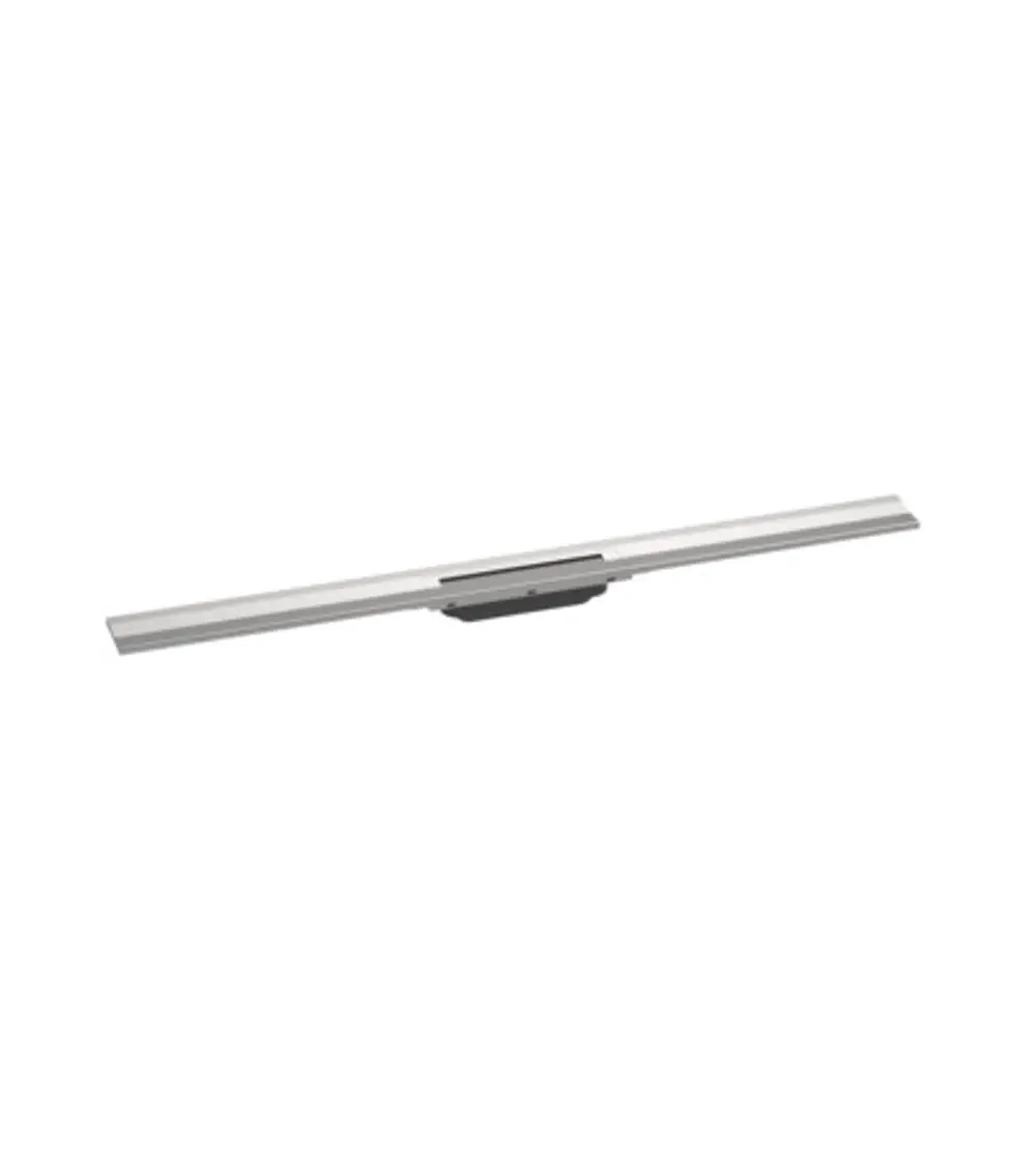 Hansgrohe Duschrinne aus gebürstetem Edelstahl, länglicher, flacher Körper für Wandmontage, mit zentraler Ablauffläche und Befestigungsmöglichkeit.
